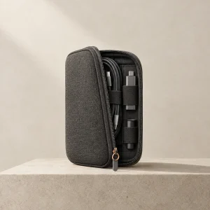 ערכת נסיעות TRAVEL KIT פתוחה עם כבל ומתאם מסודרים בפנים