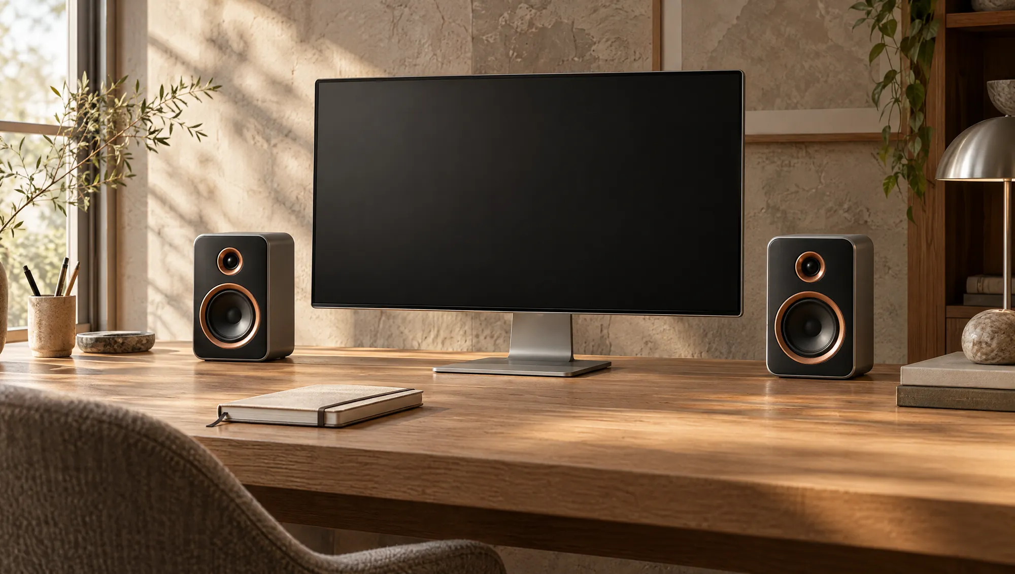 שולחן עבודה מעץ ואבן עם זוג רמקולי DESK ONE משני צדי מסך